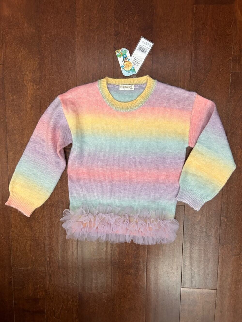 Adorable BoatMouse Pastel Rainbow Knit Sweater with Tulle Ruffle, Size 8-10, NWT
